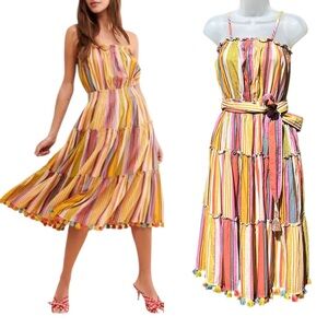 ANTHROPOLOGIE Women M Feliza Multi Stripes Sleeveless Pockets Tiered Midi Dress.